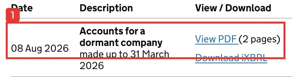 英国Companies Houseの提出書類の一覧。2026年8月8日の欄に、Accounts for a dormant company made up to 31 March 2026と書かれている