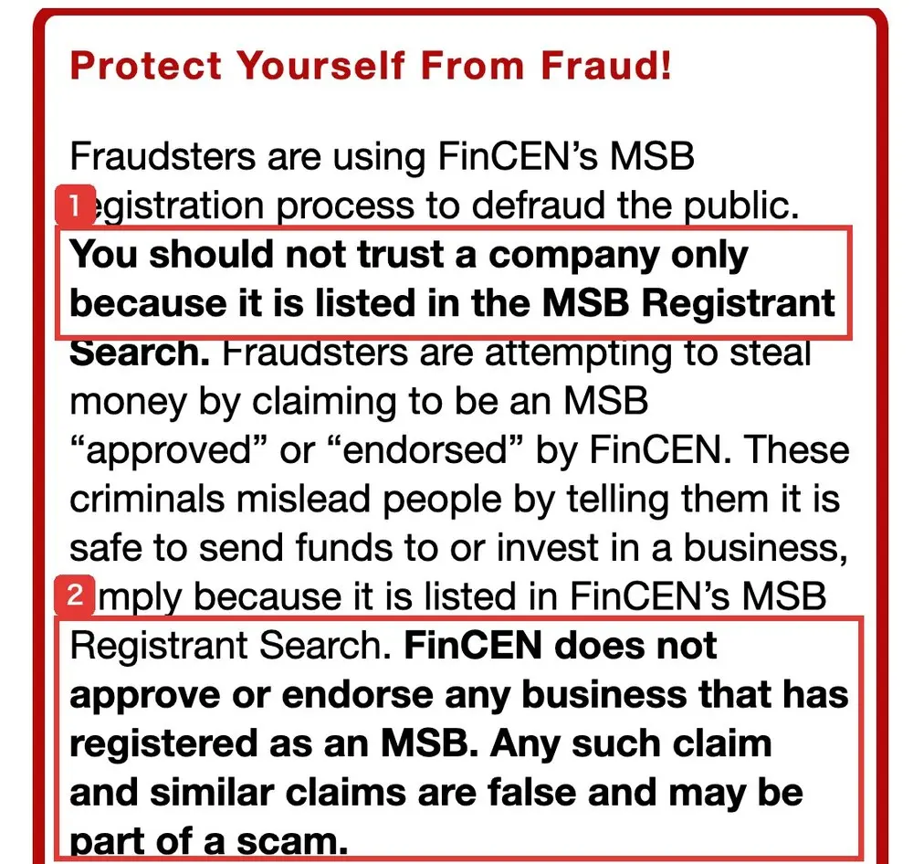FinCENのMSB Registrant Searchのページの注意書き。You should not trust a company only because it is listed in the MSB Registrant Search. FinCEN does not approve or endorse any business that has registered as an MSB.と書かれている