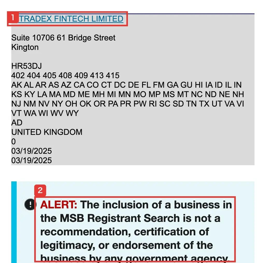 FinCENのMSB Registrant Searchの検索結果。BITRADEX FINTECH LIMITEDの欄に、外国の所在地UNITED KINGDOM、受付日03/19/2025と表示され、その下にALERT: The inclusion of a business in the MSB Registrant Search is not a recommendation, certification of legitimacy, or endorsement of the business by any government agency.と書かれている