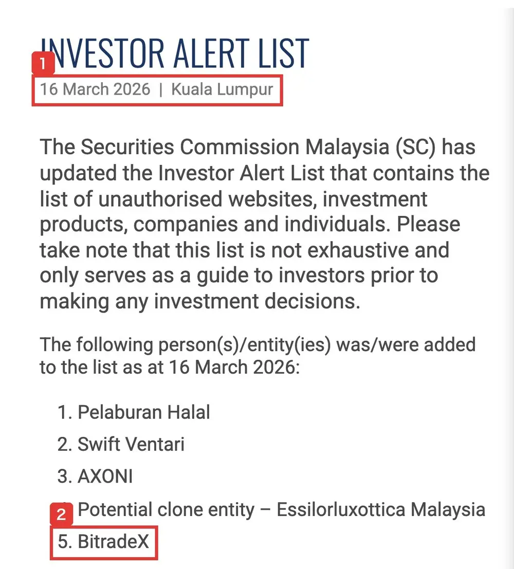 マレーシア証券委員会のお知らせ。INVESTOR ALERT LIST、16 March 2026。2026年3月16日に一覧へ追加された名前として、5番目にBitradeXが挙がっている