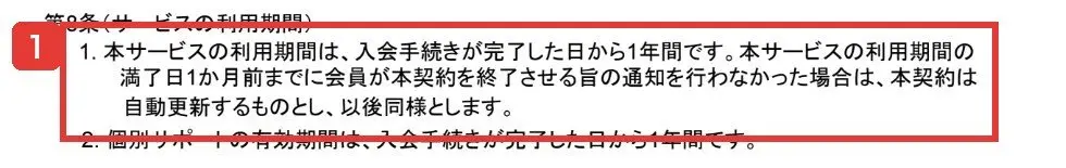 FEラボ利用規約の第8条(サービスの利用期間)。利用期間は入会手続きが完了した日から1年間、満了日1か月前までに終了の通知を行わなかった場合は自動更新