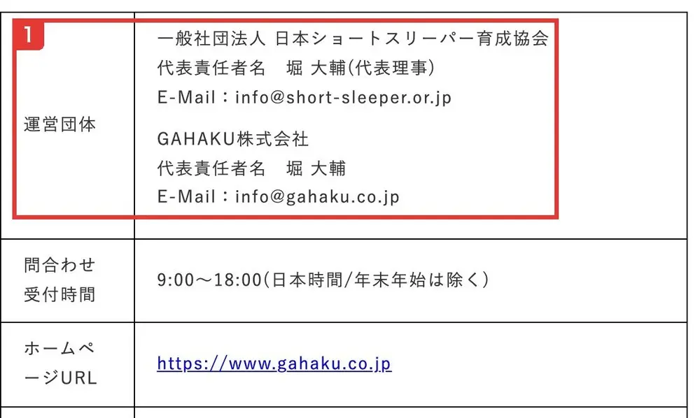 GAHAKU株式会社の特定商取引法に基づく表記の運営団体の欄。日本ショートスリーパー育成協会とGAHAKU株式会社の代表責任者名とメールアドレスだけが書かれている