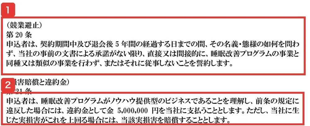 規約の第20条（競業避止）と第21条（損害賠償と違約金）。契約期間中及び退会後5年間、睡眠改善プログラムの事業と同種又は類似の事業を行わないことを誓約、違反した場合には違約金として金5,000,000円を支払うと書かれている
