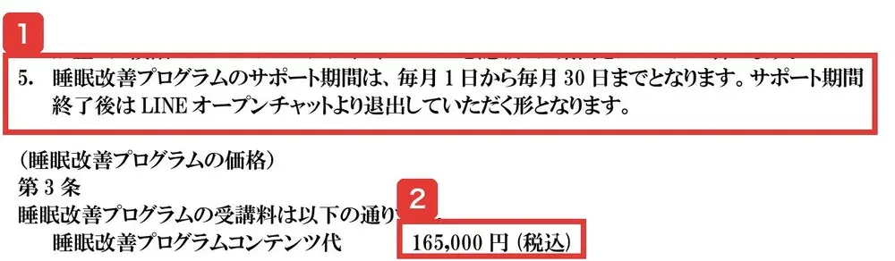 規約の第2条5項と第3条。睡眠改善プログラムのサポート期間は毎月1日から毎月30日まで、受講料は睡眠改善プログラムコンテンツ代165,000円（税込）と書かれている