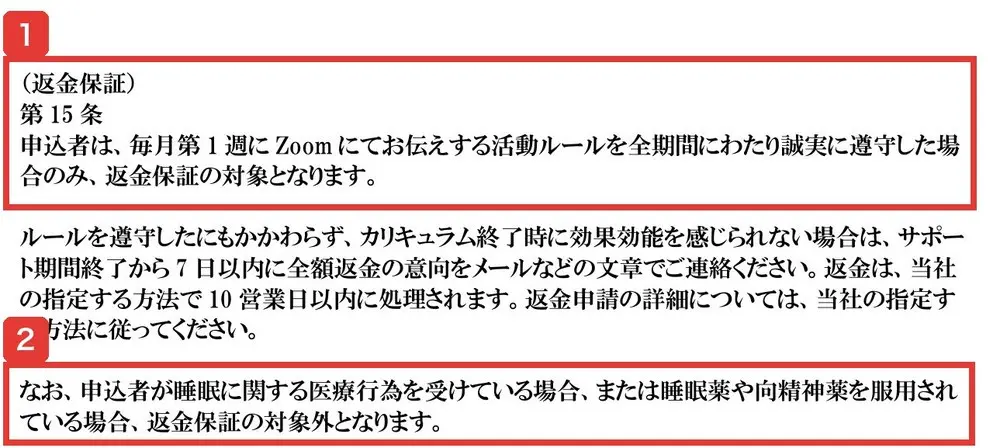 睡眠改善プログラムのコンテンツ購入申込規約の第15条（返金保証）。毎月第1週にZoomにてお伝えする活動ルールを全期間にわたり誠実に遵守した場合のみ返金保証の対象、サポート期間終了から7日以内に文章で連絡、睡眠薬や向精神薬を服用している場合は対象外と書かれている