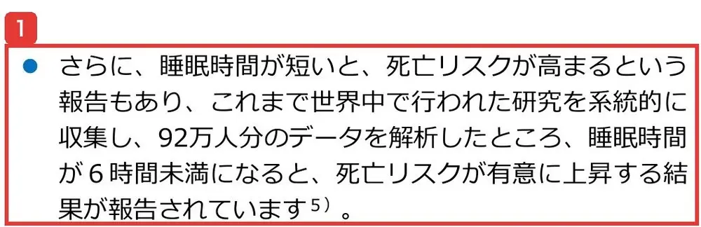 同じ睡眠ガイドの記載。92万人分のデータを解析したところ、睡眠時間が6時間未満になると死亡リスクが有意に上昇する結果が報告されていますと書かれている