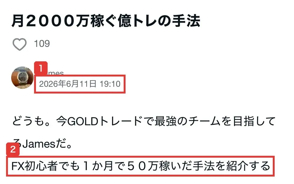 noteの記事、月２０００万稼ぐ億トレの手法の冒頭。投稿者James、2026年6月11日 19:10。どうも。今GOLDトレードで最強のチームを目指してるJamesだ。FX初心者でも１か月で５０万稼いだ手法を紹介すると書かれている