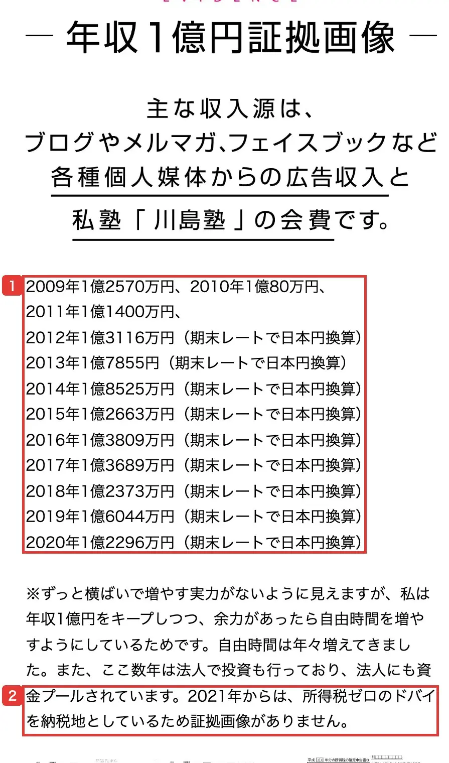 公式サイトの年収1億円の証拠画像の欄。主な収入源は広告収入と川島塾の会費と書かれ、2009年から2020年の金額が並び、2021年からは所得税ゼロのドバイを納税地としているため証拠画像がないと書かれている