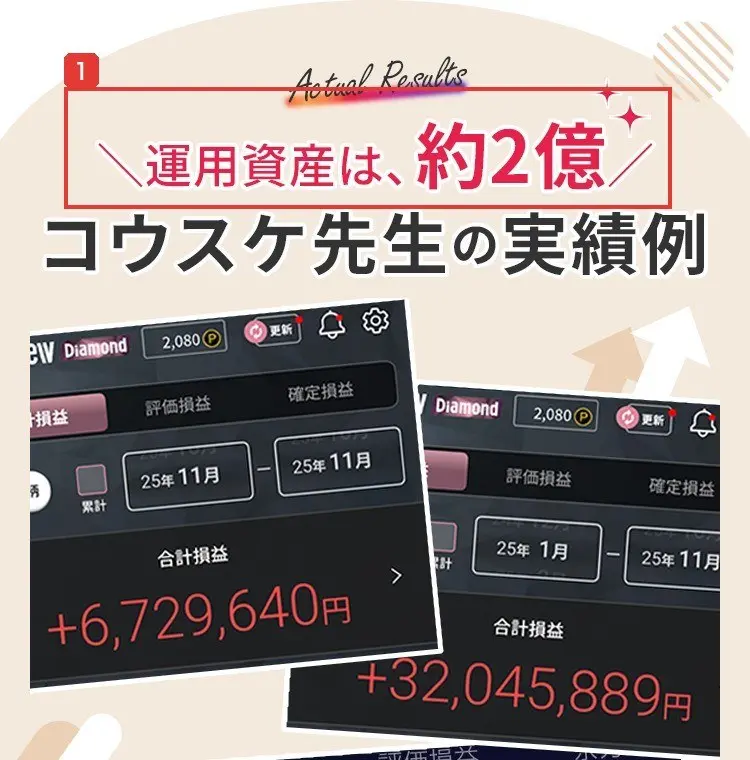 コウスケの無料WEBセミナーの申込ページ。運用資産は、約2億、コウスケ先生の実績例、株の取引アプリの損益画面、合計損益 +6,729,640円、+32,045,889円と書かれている