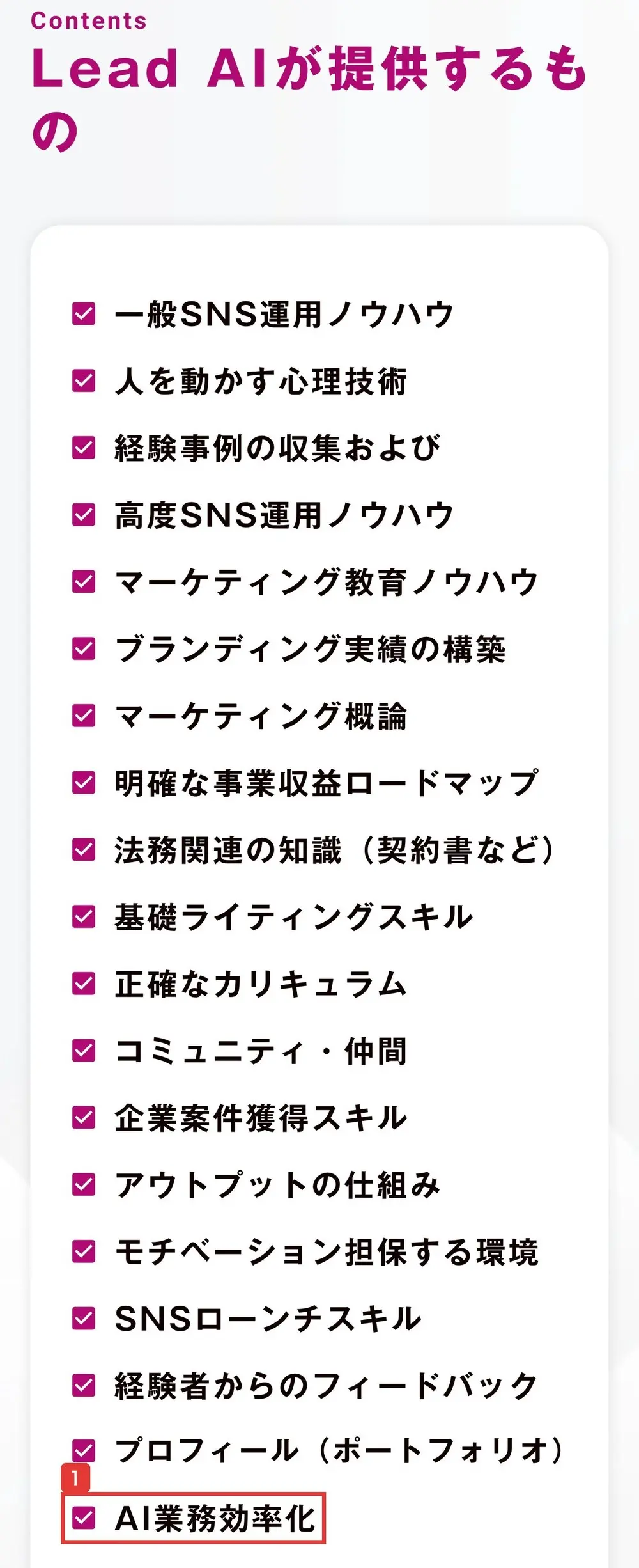 Lead AIのLPのLead AIが提供するものの一覧。一般SNS運用ノウハウ、人を動かす心理技術、高度SNS運用ノウハウ、マーケティング概論、基礎ライティングスキル、企業案件獲得スキルなど19項目が並び、最後がAI業務効率化