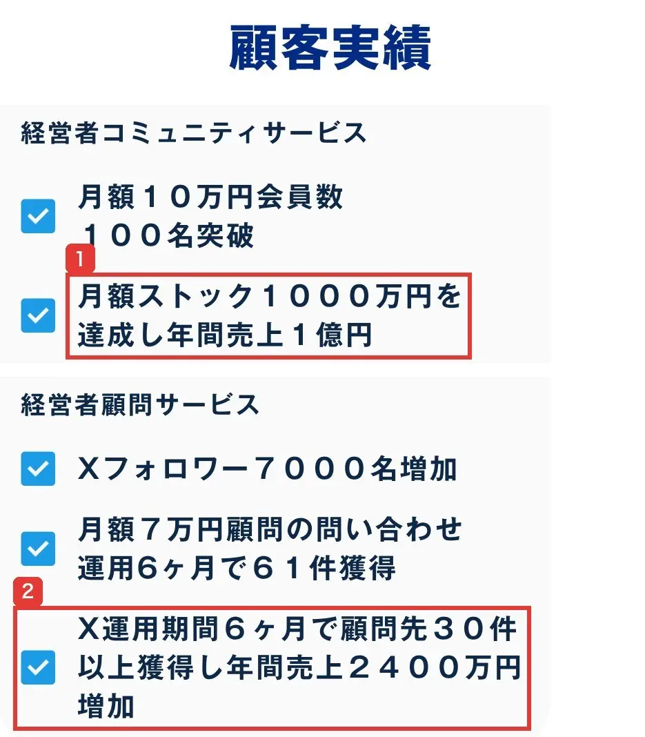 ノビツイのページの顧客実績。経営者コミュニティサービスは月額ストック1000万円を達成し年間売上1億円、経営者顧問サービスはX運用期間6ヶ月で顧問先30件以上獲得し年間売上2400万円増加と書かれている