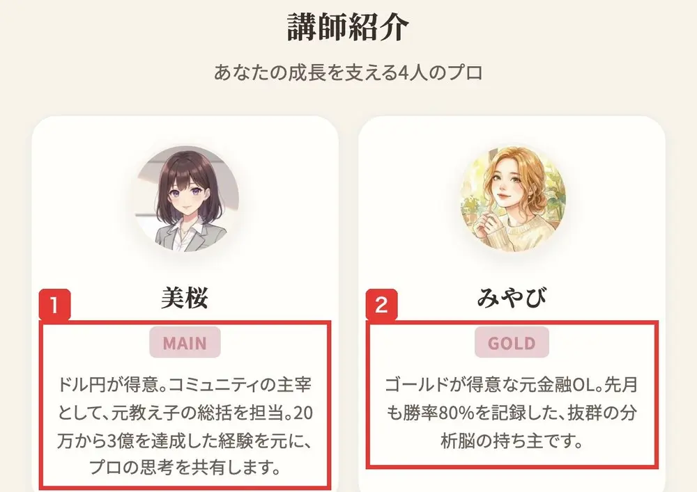 mio億トレのサイトの講師紹介。美桜 MAIN、ドル円が得意。コミュニティの主宰として、元教え子の総括を担当。20万から3億を達成した経験を元に、プロの思考を共有します。みやび GOLD、ゴールドが得意な元金融OL。先月も勝率80%を記録した、抜群の分析脳の持ち主ですと書かれている