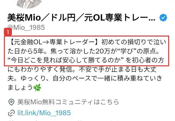 美桜MioのXのプロフィール。美桜Mio/ドル円/元OL専業トレーダー、@Mio__1985、【元金融OL→専業トレーダー】初めての損切りで泣いた日から5年。焦って溶かした20万が“学び”の原点。“今日どこを見れば安心して勝てるのか”を初心者の方にもわかりやすく発信、美桜Mio無料コミュニティはこちら、lit.link/Mio__1985と書かれている