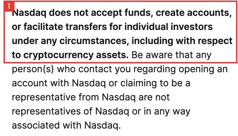 Nasdaqの公式サイトのページ。Nasdaq does not accept funds, create accounts, or facilitate transfers for individual investors under any circumstances, including with respect to cryptocurrency assets.と太字で書かれている