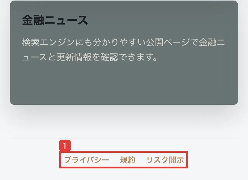 pipersandler.marketのトップページの一番下。金融ニュースの説明の欄の下に、プライバシー、規約、リスク開示の3つのリンクだけが並んでいる