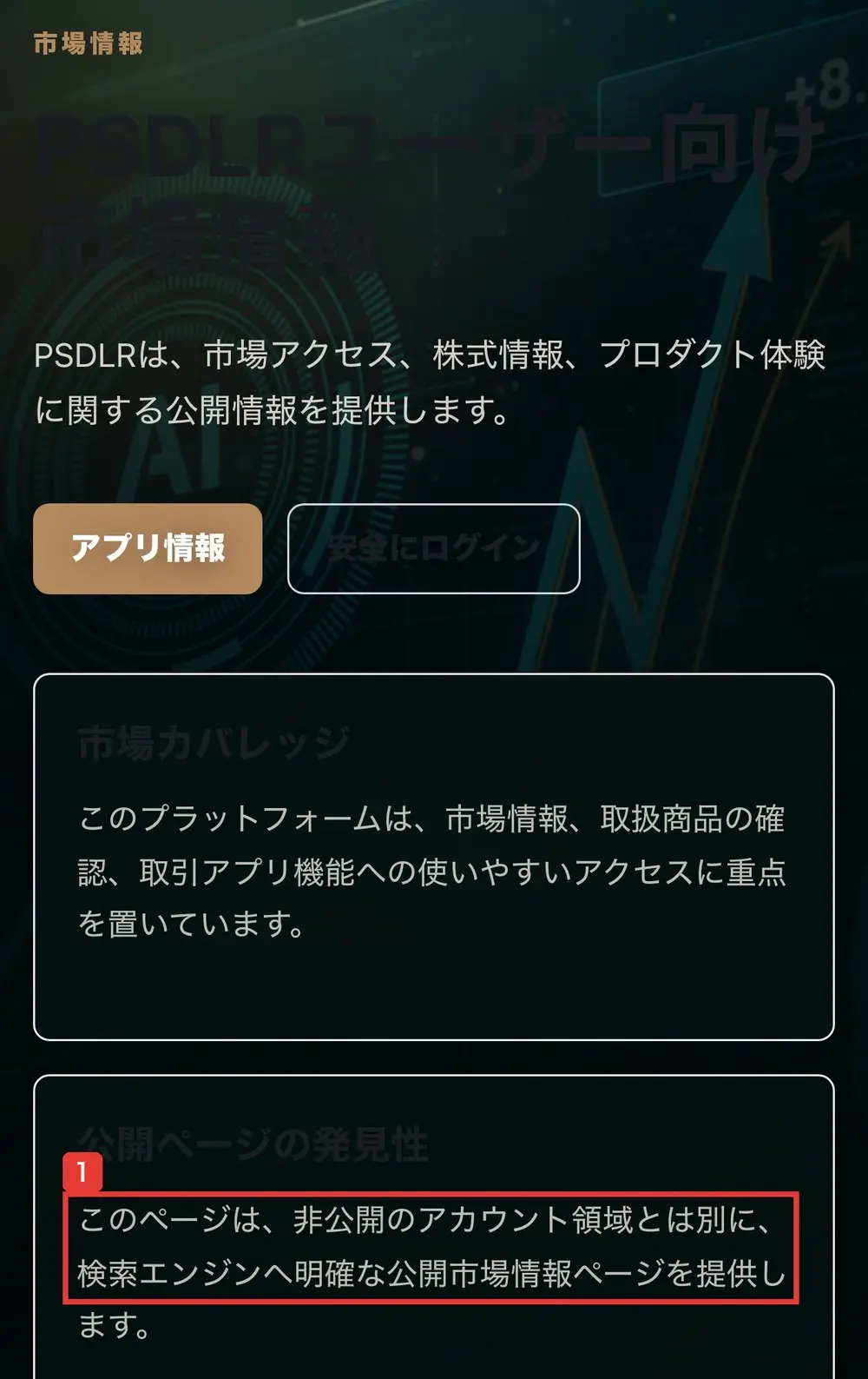 pipersandler.marketの市場情報ページ。PSDLRは、市場アクセス、株式情報、プロダクト体験に関する公開情報を提供します。市場カバレッジの欄と、公開ページの発見性の欄に、このページは、非公開のアカウント領域とは別に、検索エンジンへ明確な公開市場情報ページを提供しますと書かれている