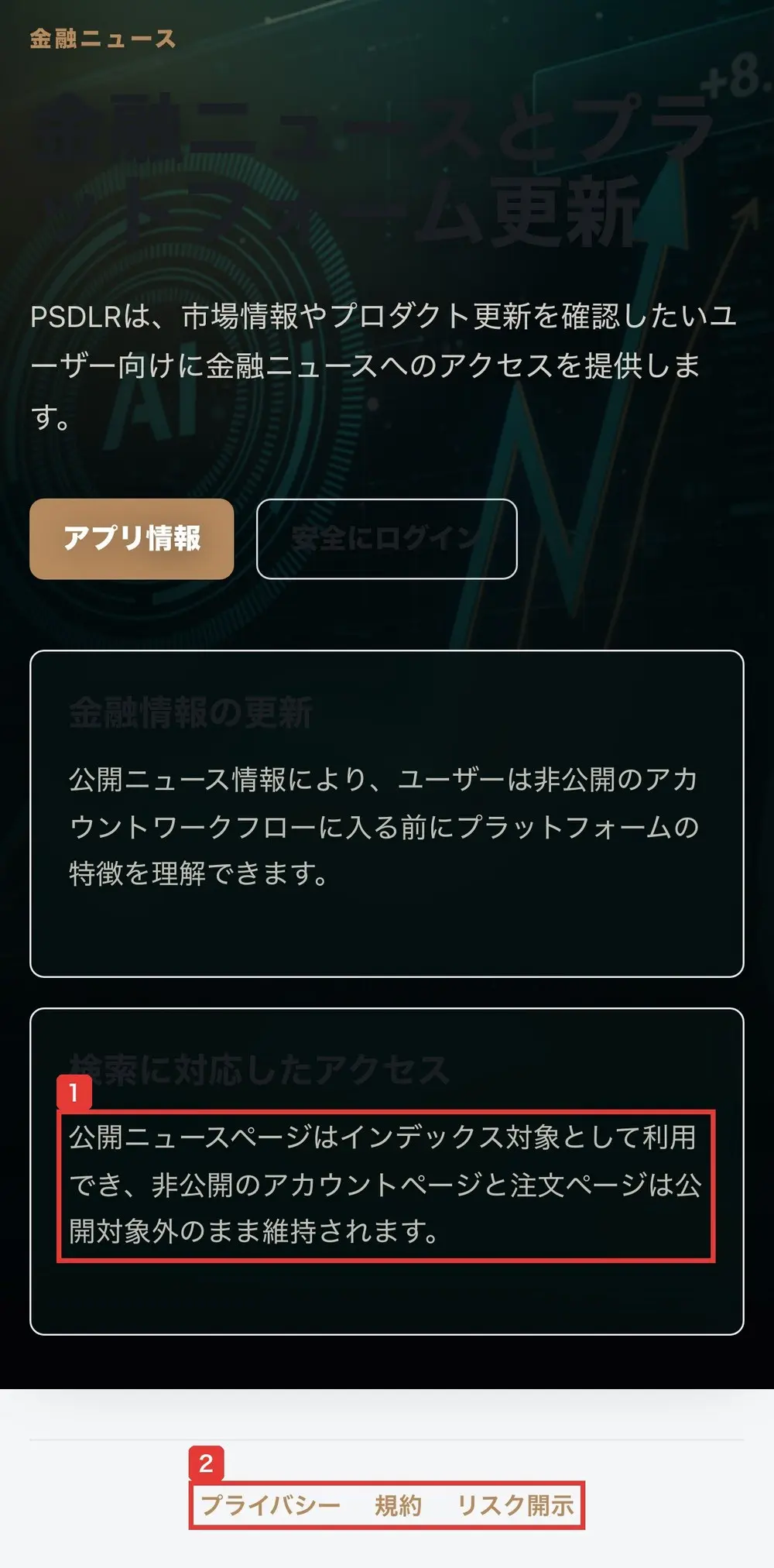 pipersandler.marketの金融ニュースのページ。案内の文と、金融情報の更新、検索に対応したアクセスの2つの説明の枠のあとに、プライバシー、規約、リスク開示のリンクがあるだけで、ニュースの記事は並んでいない。枠の中に、公開ニュースページはインデックス対象として利用でき、非公開のアカウントページと注文ページは公開対象外のまま維持されますと書かれている