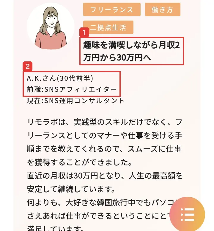 リモラボ公式LPの体験談。「趣味を満喫しながら月収2万円から30万円へ」という見出しの下に、A.K.さん（30代前半）、前職SNSアフィリエイター、現在SNS運用コンサルタントと書かれている