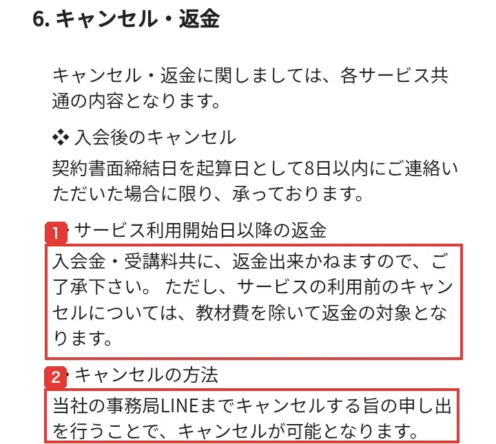 特定商取引法に基づく表示の「6.キャンセル・返金」。サービス利用開始日以降は入会金・受講料共に返金出来かねること、サービスの利用前のキャンセルについては教材費を除いて返金の対象となること、事務局LINEにキャンセルする旨の申し出を行うことが書かれている