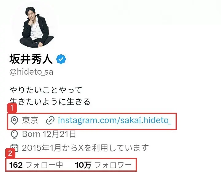 坂井秀人のXのプロフィール。坂井秀人、@hideto_sa、やりたいことやって生きたいように生きる、東京、instagram.com/sakai.hideto_、Born 12月21日、2015年1月からXを利用しています、162フォロー中、10万フォロワーと書かれている