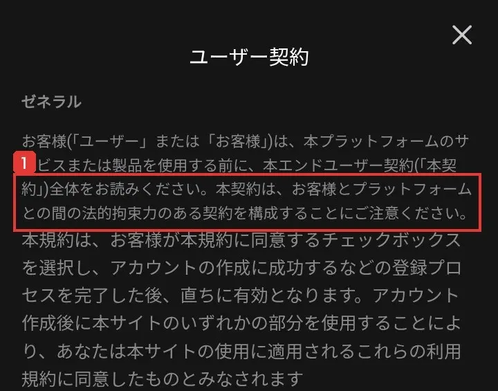 SEXAのユーザー契約の冒頭。本契約は、お客様とプラットフォームとの間の法的拘束力のある契約を構成することにご注意くださいと書かれている