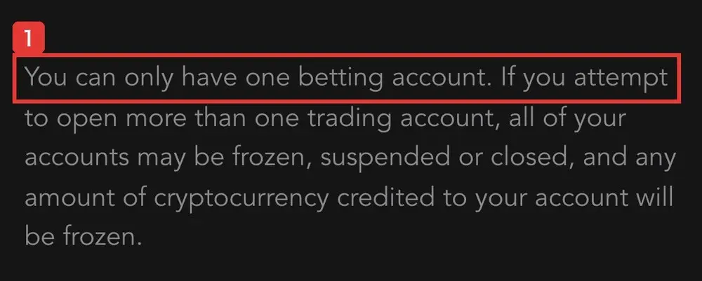 SEXAのユーザー契約の英語の原文。You can only have one betting account. If you attempt to open more than one trading account, all of your accounts may be frozen, suspended or closedと書かれている