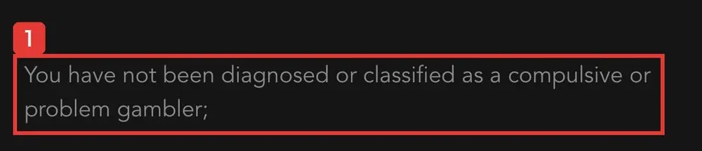 SEXAのユーザー契約の英語の原文。You have not been diagnosed or classified as a compulsive or problem gamblerと書かれている