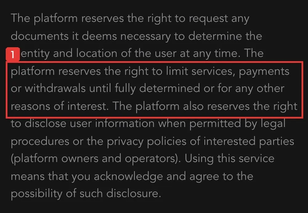 SEXAのユーザー契約の英語の原文。The platform reserves the right to limit services, payments or withdrawals until fully determined or for any other reasons of interestと書かれている
