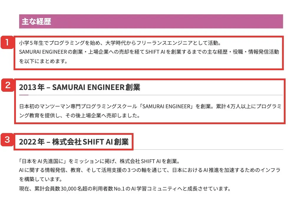 SHIFT AI公式FAQの代表・木内翔大氏の主な経歴。小学5年生でプログラミングを始め、2013年にSAMURAI ENGINEERを創業して上場企業へ売却、2022年に株式会社SHIFT AIを創業、累計会員数30,000名超と書かれている