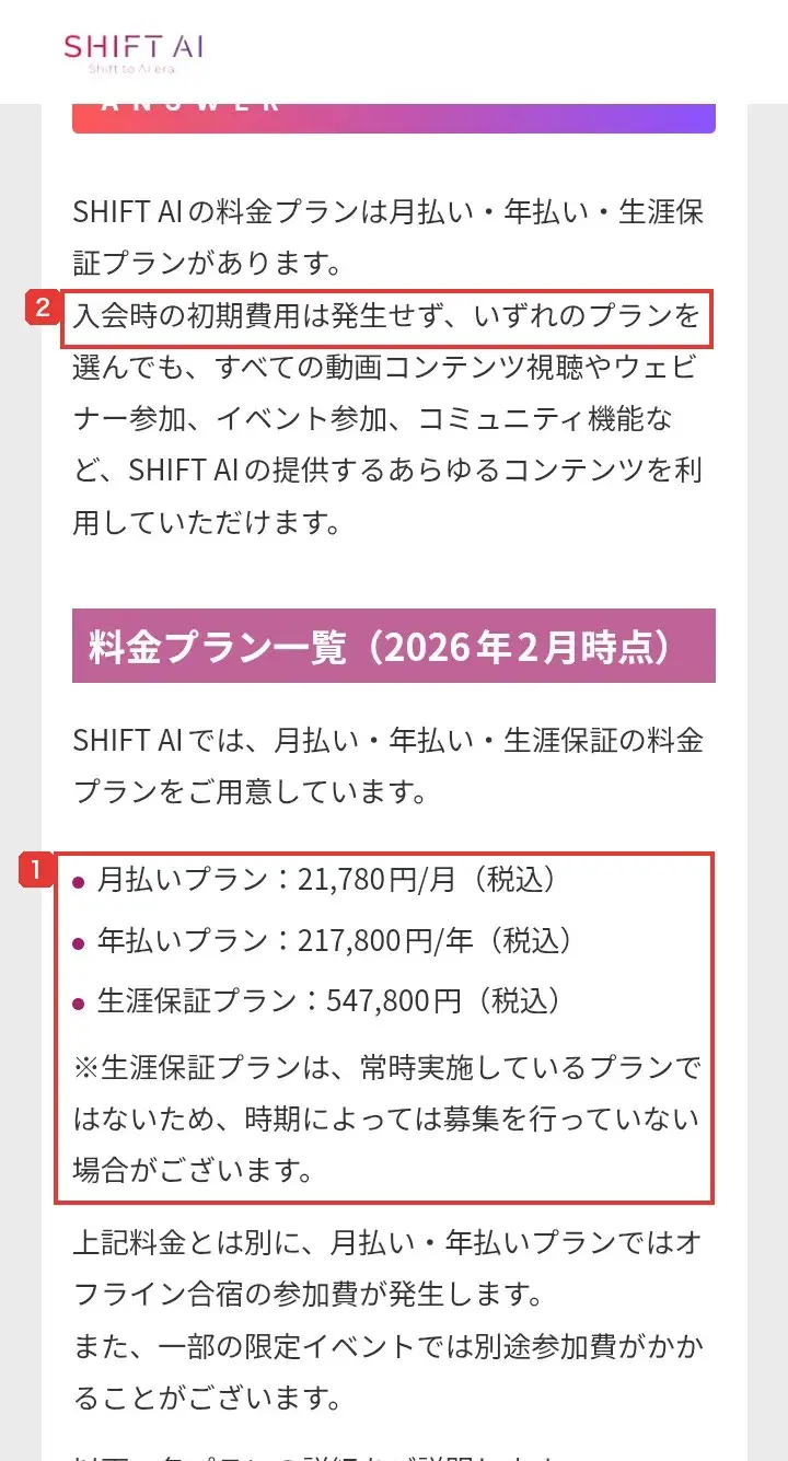 SHIFT AIの公式FAQの料金ページ。料金プラン一覧(2026年2月時点)として、月払いプラン21,780円/月、年払いプラン217,800円/年、生涯保証プラン547,800円(いずれも税込)が並ぶ