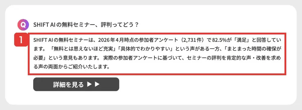 SHIFT AIのよくあるご質問一覧の「SHIFT AIの無料セミナー、評判ってどう?」。2026年4月時点の参加者アンケート(2,731件)で82.5%が満足と回答していると書かれている