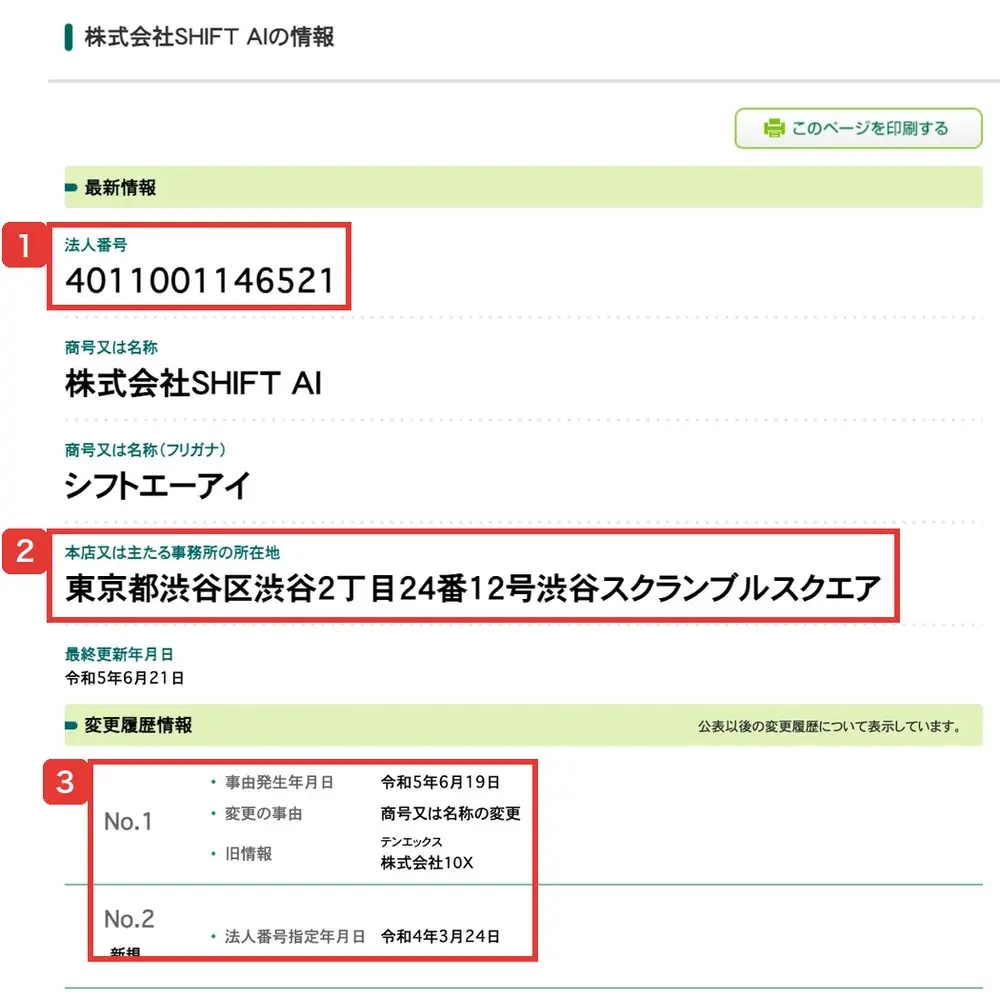 国税庁法人番号公表サイトの株式会社SHIFT AIの情報。法人番号4011001146521、所在地東京都渋谷区渋谷2丁目24番12号渋谷スクランブルスクエア、変更履歴として令和5年6月19日に商号又は名称の変更、旧情報は株式会社10X、法人番号指定年月日は令和4年3月24日