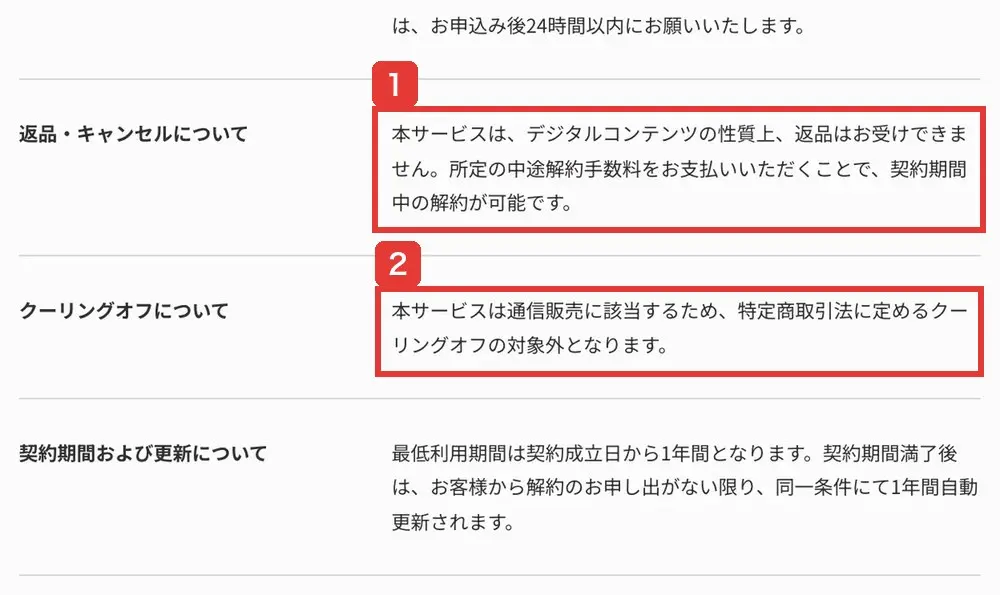SHIFT AIの特定商取引法に基づく表記。返品・キャンセルは中途解約手数料を支払えば解約可能、クーリングオフは通信販売に該当するため対象外、最低利用期間は1年間で自動更新と書かれている