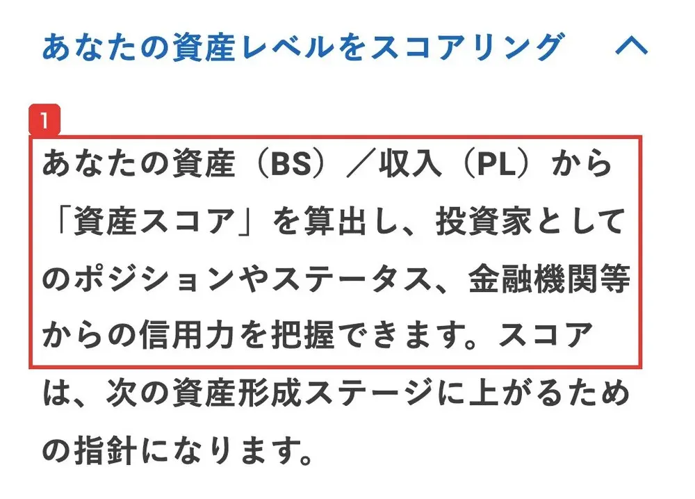 StockFormerのLPのあなたの資産レベルをスコアリングの説明。あなたの資産（BS）／収入（PL）から「資産スコア」を算出し、投資家としてのポジションやステータス、金融機関等からの信用力を把握できますと書かれている