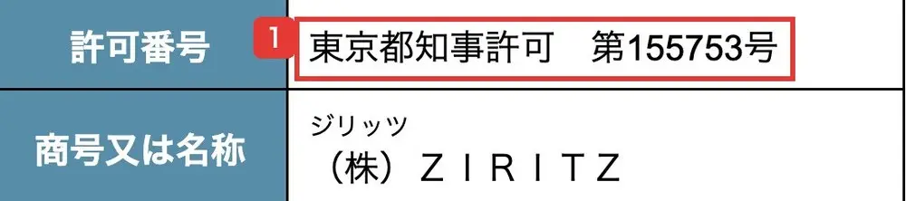 国土交通省の建設業者の詳細情報。許可番号は東京都知事許可第155753号、商号は（株）ZIRITZと書かれている