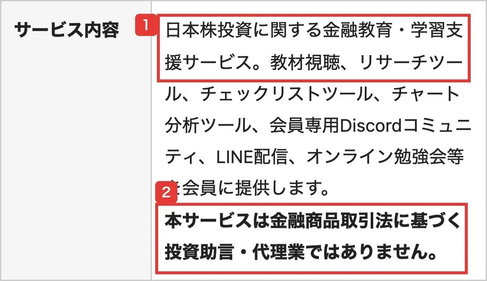 株コンパスサロンの特定商取引法に基づく表記のサービス内容。日本株投資に関する金融教育・学習支援サービス、教材視聴、リサーチツール、チェックリストツール、チャート分析ツール、会員専用Discordコミュニティ、LINE配信、オンライン勉強会等を会員に提供します、本サービスは金融商品取引法に基づく投資助言・代理業ではありませんと書かれている