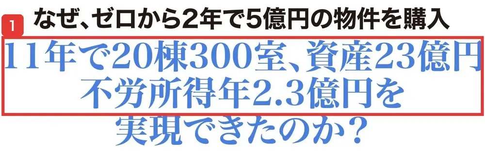 全く新しい不動産投資手法のLPの途中の見出し。なぜ、ゼロから2年で5億円の物件を購入、11年で20棟300室、資産23億円、不労所得年2.3億円を実現できたのか?と書かれている