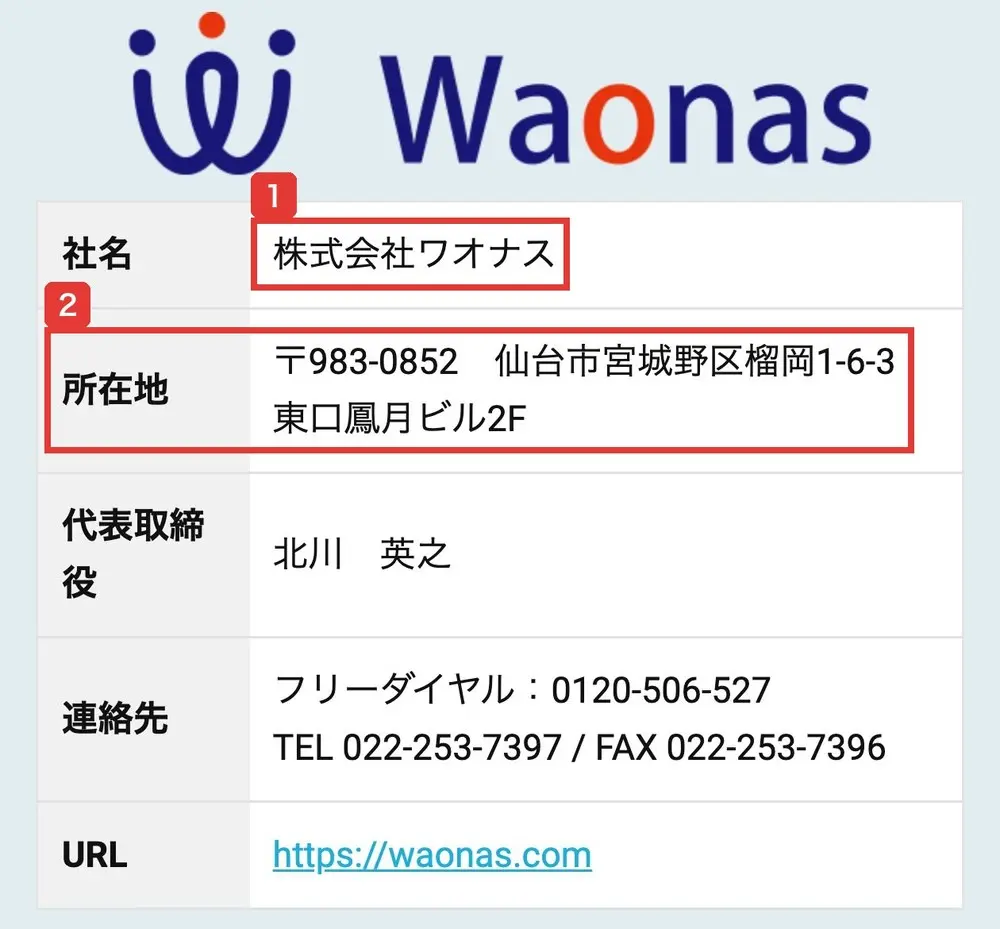 LPの会社情報の表。社名は株式会社ワオナス、所在地は〒983-0852 仙台市宮城野区榴岡1-6-3 東口鳳月ビル2F、代表取締役は北川英之、フリーダイヤル0120-506-527と書かれている